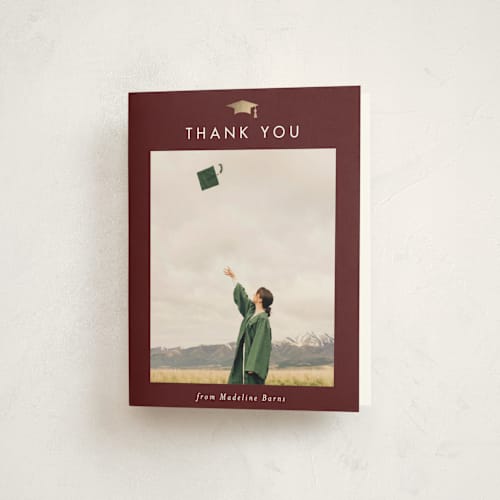 This is a maroon graduation thank you cards with foil pressed by Stacey Meacham called school spirit printing on strathmore in standard