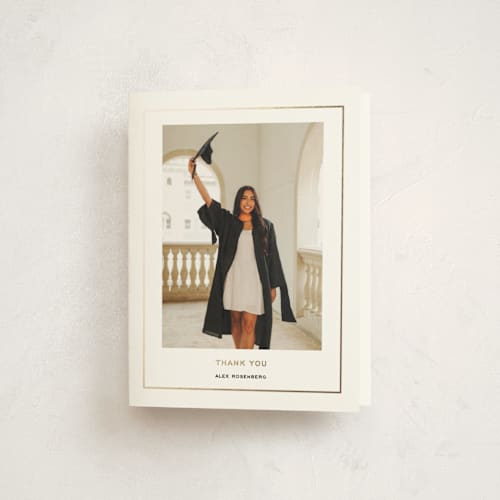 This is a noir graduation thank you cards with foil pressed by Annie Shapiro called cap frame printing on strathmore in standard