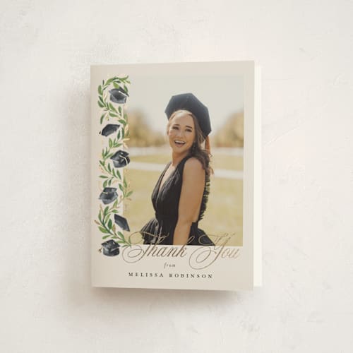 This is a neutral graduation thank you cards with foil pressed by Claudia Orengo called hats off printing on strathmore in standard