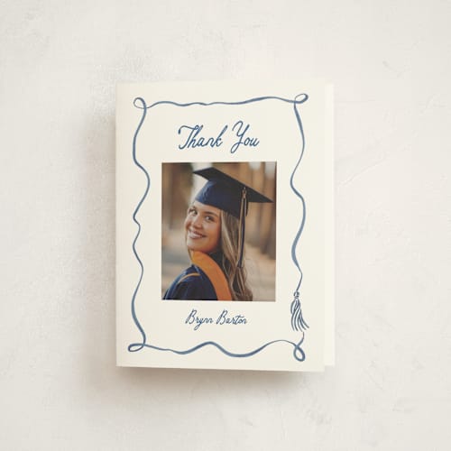 This is a cobalt graduation thank you cards with standard by Susan Zinader called sketched tassel frame printing on strathmore in standard