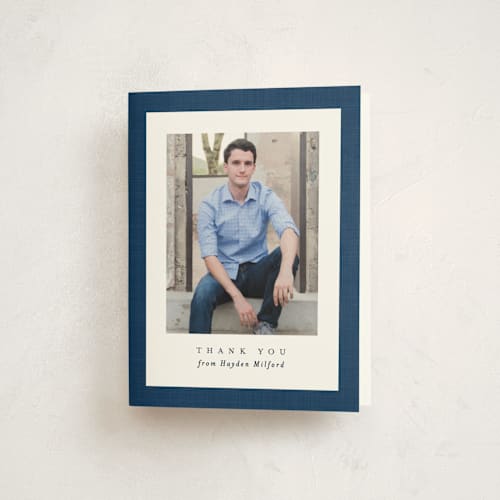 This is a jeans graduation thank you cards with standard by Lea Delaveris called linen frame printing on strathmore in standard