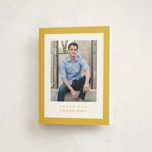 This is a marigold graduation thank you cards with standard by Lea Delaveris called linen frame printing on strathmore in standard