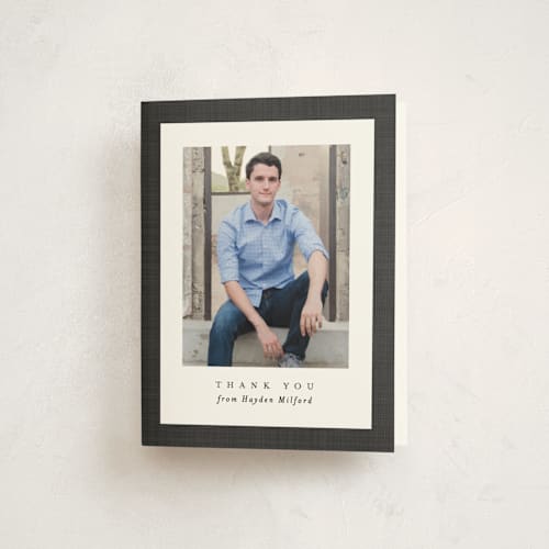 This is a charcoal graduation thank you cards with standard by Lea Delaveris called linen frame printing on strathmore in standard