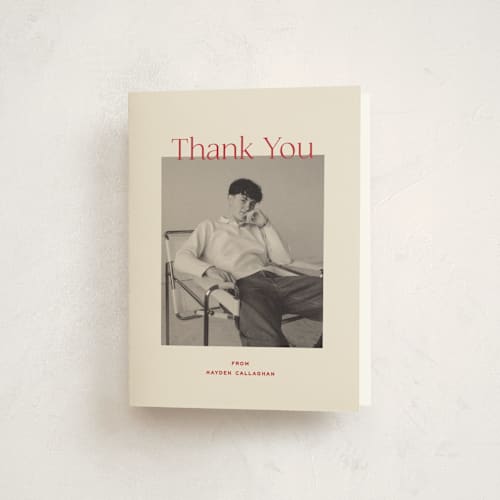 This is a scarlet graduation thank you cards with standard by Ellen Schlegelmilch called hayden printing on strathmore in standard