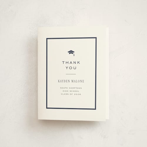 This is a navy graduation thank you cards with standard by Jennifer Wick called collegiate line printing on strathmore in standard