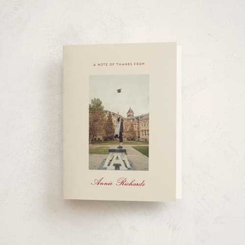 This is a sand graduation thank you cards with standard by Rachel Cassel called the single photo printing on strathmore in standard