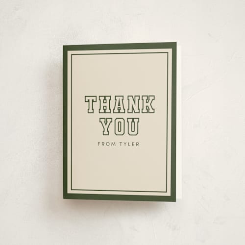 This is a forest graduation thank you cards with standard by Megan Cash called varsity year printing on strathmore in standard