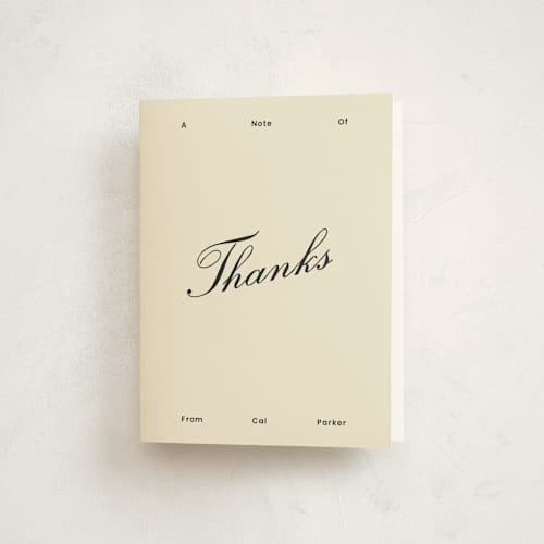 This is a sand graduation thank you cards with standard by Rachel Cassel called perfectly scripted printing on strathmore in standard