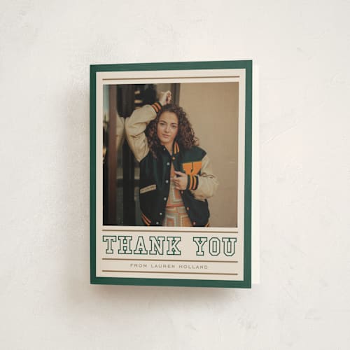 This is a vintage graduation thank you cards with standard by Erin L. Wilson called varsity frame printing on strathmore in standard