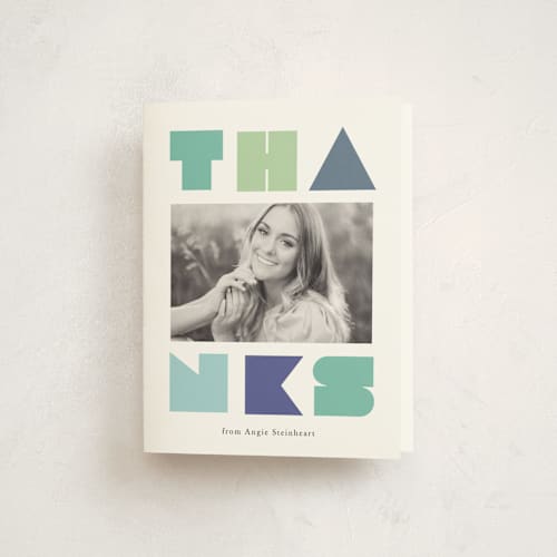 This is a mint graduation thank you cards with standard by Lori Wemple called graduate party printing on strathmore in standard