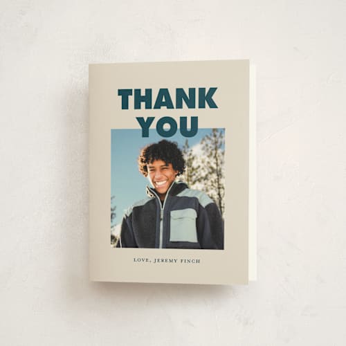 This is a navy graduation thank you cards with standard by Angela Quan called bold grads printing on strathmore in standard