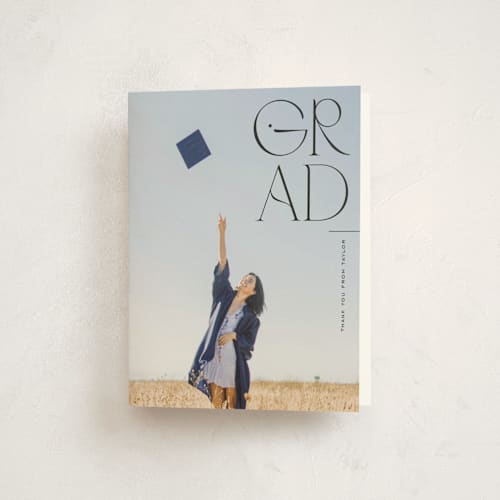 This is a midnight graduation thank you cards with standard by Jackie Crawford called corner year printing on strathmore in standard