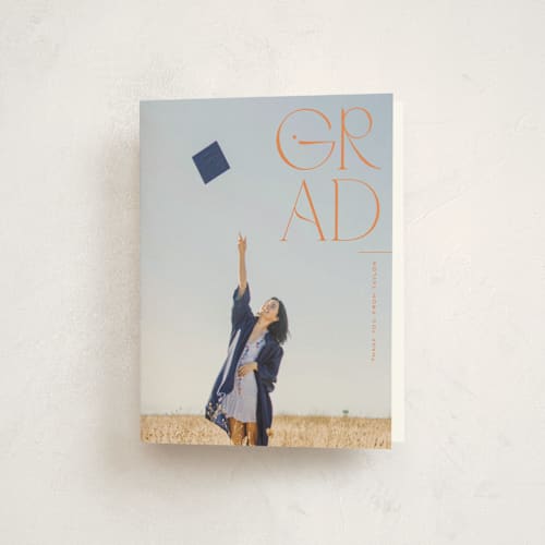 This is a tangerine graduation thank you cards with standard by Jackie Crawford called corner year printing on strathmore in standard