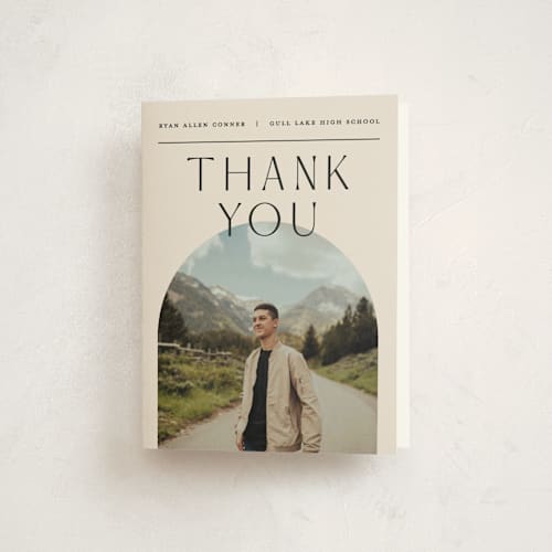 This is a ivory graduation thank you cards with standard by Pixel and Hank called vision printing on strathmore in standard