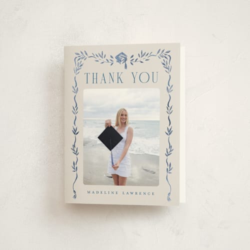 This is a indigo graduation thank you cards with standard by Petra Kern called grad crest printing on strathmore in standard