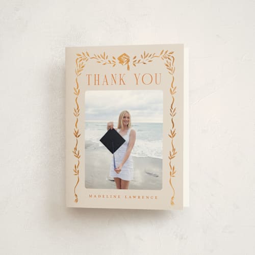 This is a tangerine graduation thank you cards with standard by Petra Kern called grad crest printing on strathmore in standard