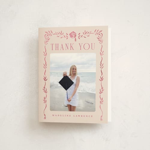 This is a rosebud graduation thank you cards with standard by Petra Kern called grad crest printing on strathmore in standard