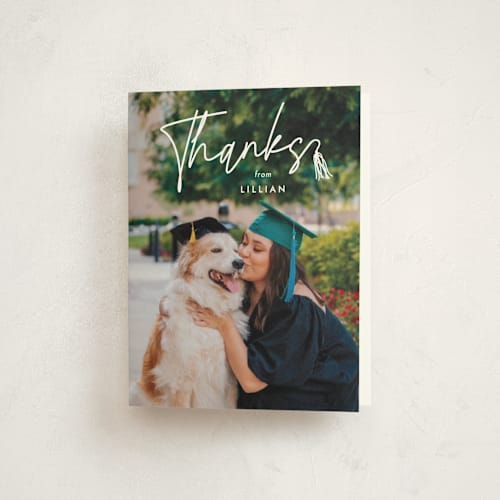 This is a snow graduation thank you cards with standard by Lauren Chism called tassled t printing on strathmore in standard