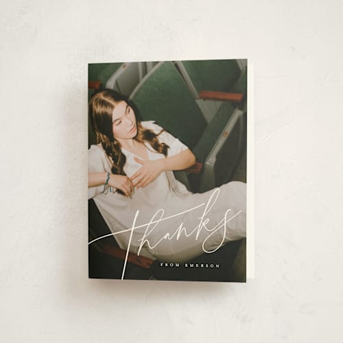 This is a midnight graduation thank you cards with standard by Christie Garcia called theatric printing on strathmore in standard