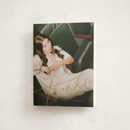 This is a golden raisin graduation thank you cards with standard by Christie Garcia called theatric printing on strathmore in standard