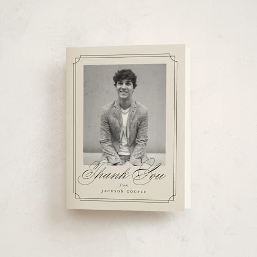 This is a taupe graduation thank you cards with standard by Ashley Iwafuchi called refined grad printing on strathmore in standard