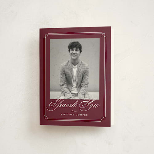 This is a maroon graduation thank you cards with standard by Ashley Iwafuchi called refined grad printing on strathmore in standard
