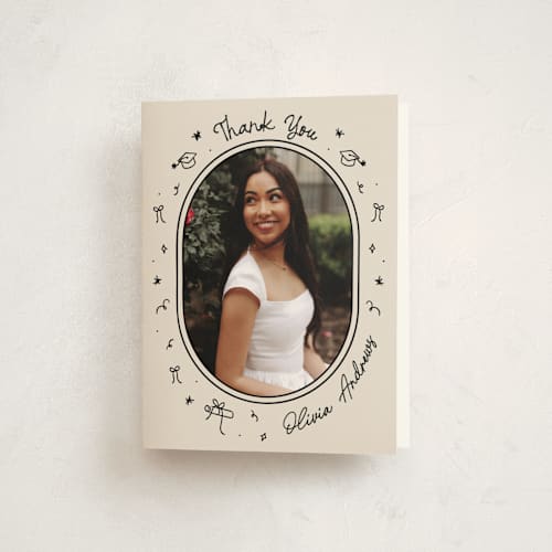 This is a onyx graduation thank you cards with standard by Ashley Iwafuchi called illustrated grad printing on strathmore in standard
