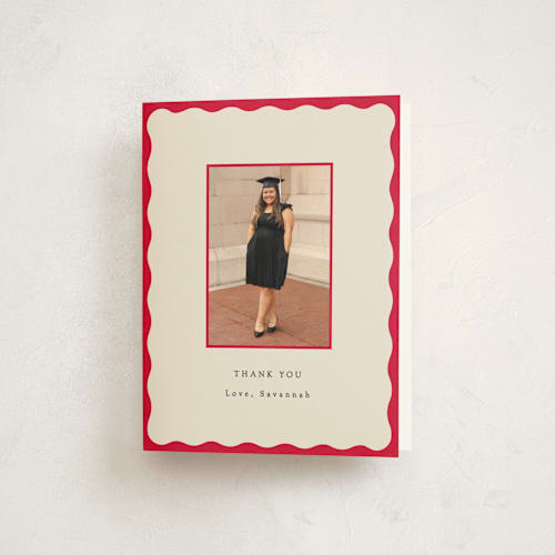 This is a crimson graduation thank you cards with standard by Baumbirdy called decorative frame printing on strathmore in standard