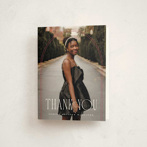 This is a crimson graduation thank you cards with standard by Carmia Jordaan called brilliant day printing on strathmore in standard