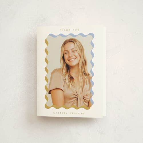 This is a aqua graduation thank you cards with standard by Baumbirdy called wavy frame printing on strathmore in standard