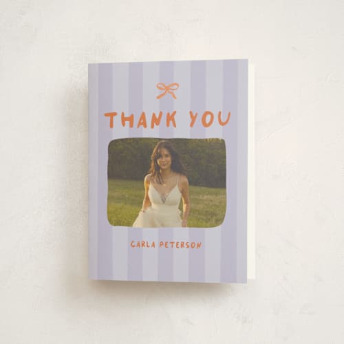 This is a peach lilac graduation thank you cards with standard by Vera Lim called whimsical stripes printing on strathmore in standard