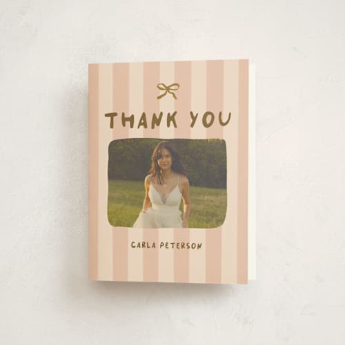 This is a chestnut latte graduation thank you cards with standard by Vera Lim called whimsical stripes printing on strathmore in standard