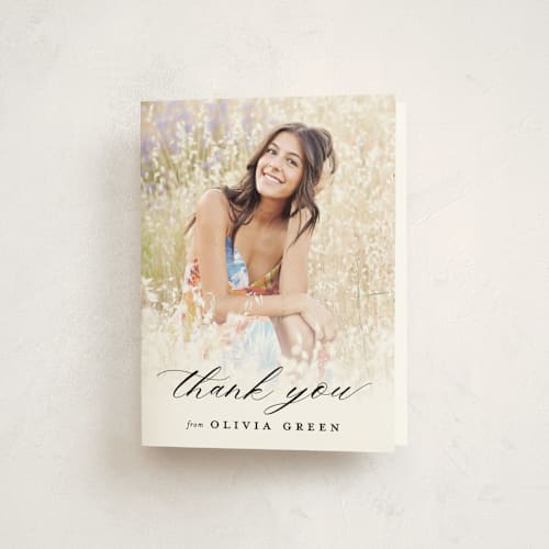 This is a onyx graduation thank you cards with standard by Sarah Curry called portrait script printing on strathmore in standard