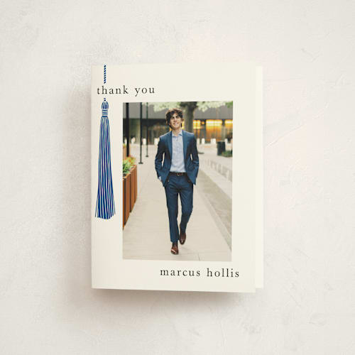 This is a cobalt graduation thank you cards with standard by Ashlee Townsend called tassled printing on strathmore in standard