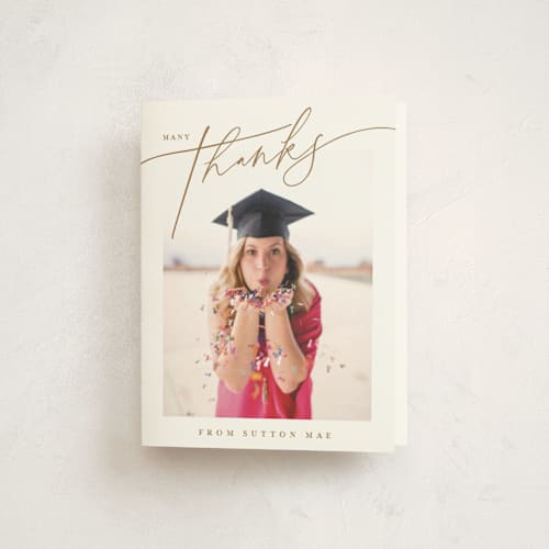 This is a golden graduation thank you cards with standard by Carolyn MacLaren called celebratory printing on strathmore in standard