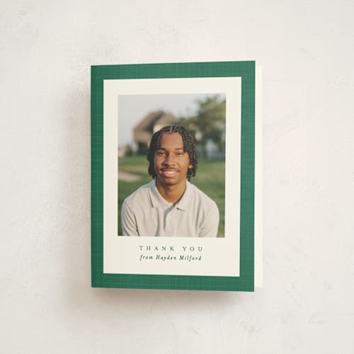 This is a shamrock graduation thank you cards with standard by Lea Delaveris called linen frame printing on strathmore in standard