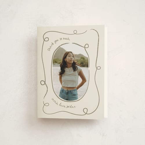 This is a sandstone graduation thank you cards with standard by Kelly Watkins called swirl printing on strathmore in standard