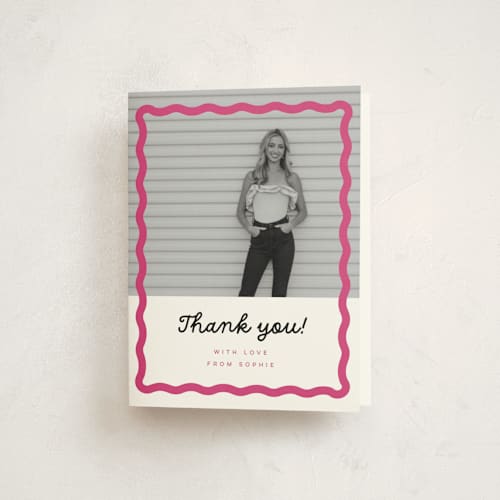 This is a bubblegum graduation thank you cards with standard by Emily Sabol Goss called wavy border printing on strathmore in standard