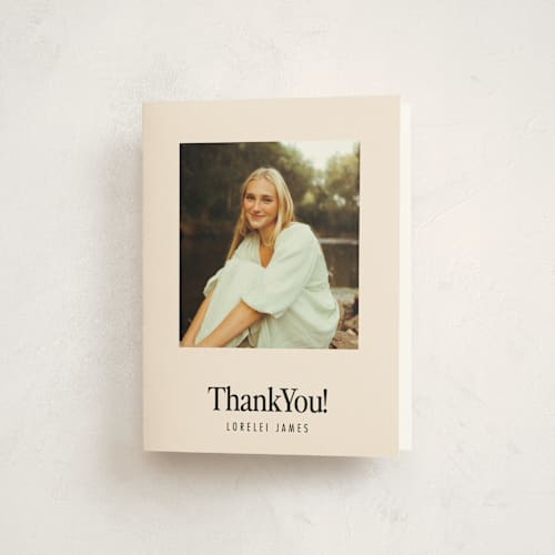 This is a cream graduation thank you cards with standard by Nazia Hyder called persistence printing on strathmore in standard