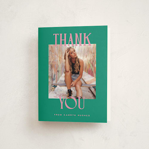 This is a emerald graduation thank you cards with standard by Erin German called kamryn printing on strathmore in standard