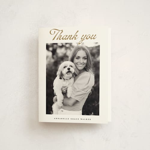 This is a golden graduation thank you cards with standard by Maja Cunningham called vintage script printing on strathmore in standard