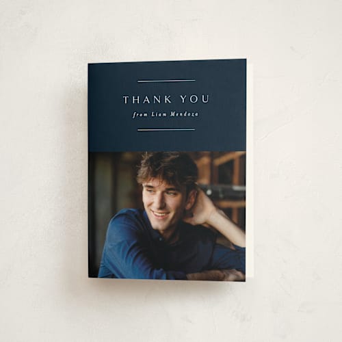 This is a denim graduation thank you cards with standard by Lea Delaveris called top three printing on strathmore in standard