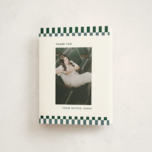 This is a pine graduation thank you cards with standard by Rachel Cassel called checked out printing on strathmore in standard