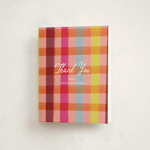 This is a ruby graduation thank you cards with standard by Kat Roberts called rainbow plaid printing on strathmore in standard