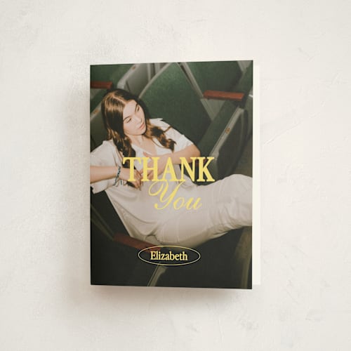 This is a butter graduation thank you cards with standard by Helena Vitto called good times co. printing on strathmore in standard