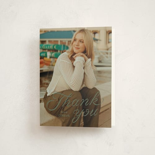 This is a leaf graduation thank you cards with standard by Lea Delaveris called ribbon printing on strathmore in standard