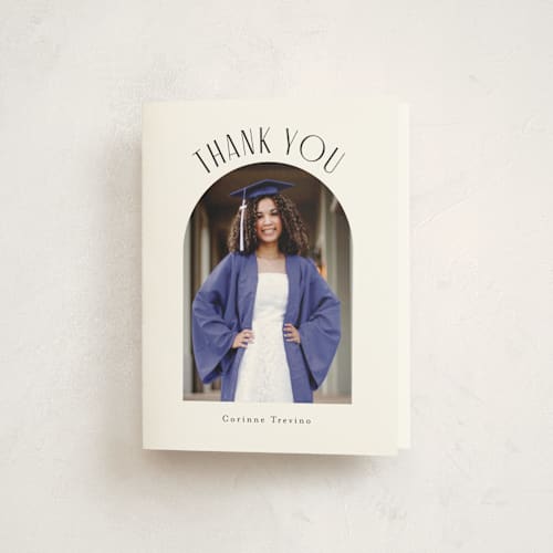 This is a classic white graduation thank you cards with standard by Cindy Reynolds called well rounded printing on strathmore in standard