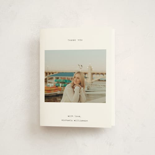 This is a ink graduation thank you cards with standard by Blustery August called typewritten printing on strathmore in standard
