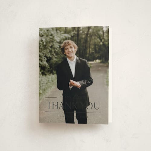 This is a tuxedo graduation thank you cards with standard by Carolyn MacLaren called grad in overlay printing on strathmore in standard