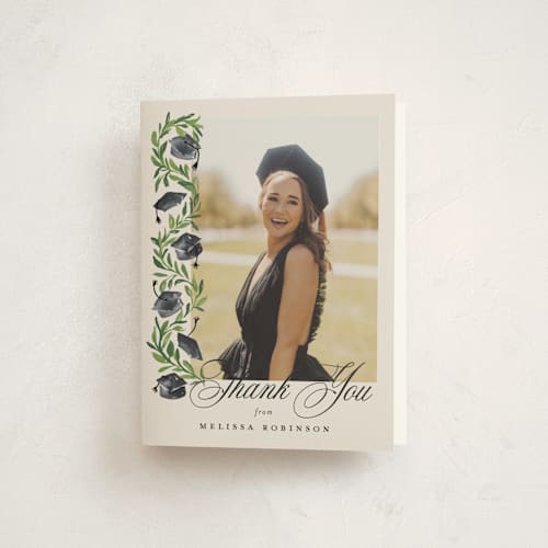 This is a neutral graduation thank you cards with standard by Claudia Orengo called hats off printing on strathmore in standard